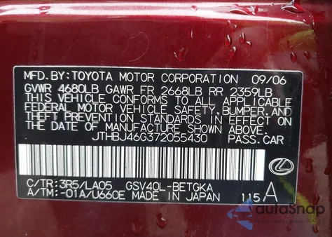 2007 Lexus Es 350 из США, поврежденный, VIN JTHBJ46G372055430